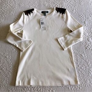 NWT Ralph Lauren Petite cream cotton 3/4 sleeve top w/faux suede shoulders